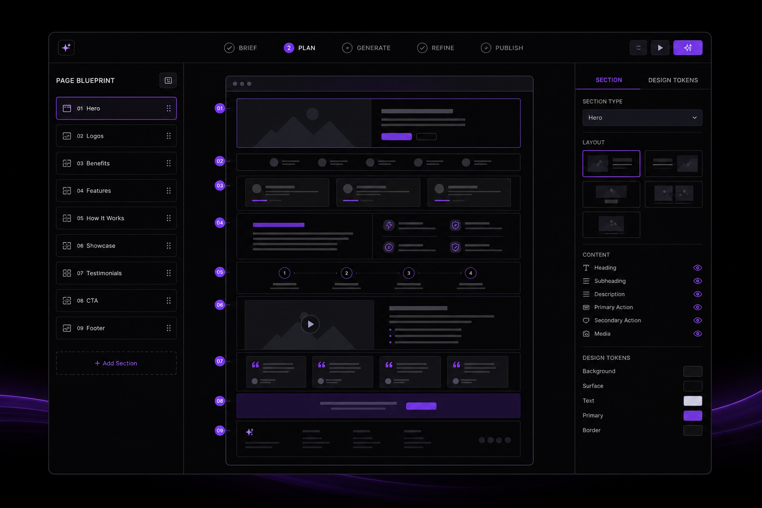 After state with a structured blueprint panel defining layout, modules, and visual direction