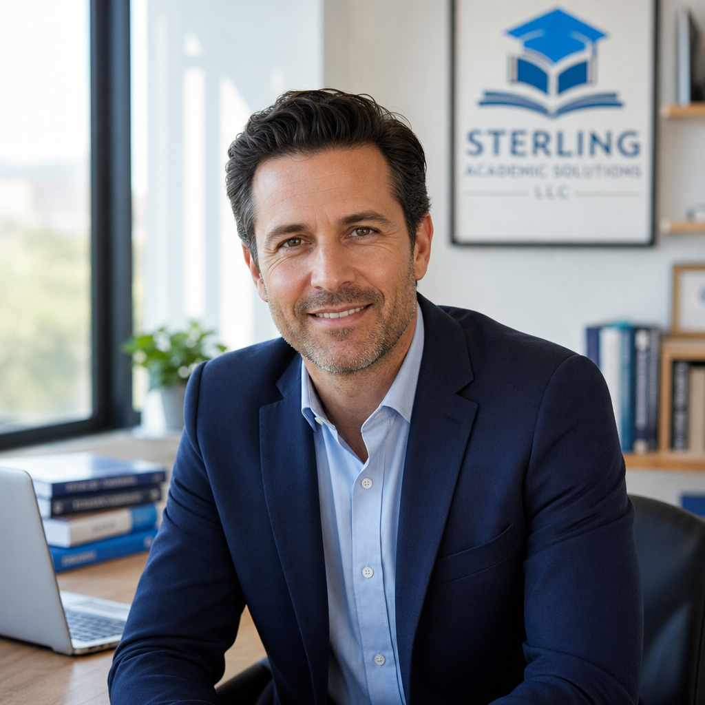 Professional portrait of Sterling Hathaway, founder of Sterling Academic Solutions LLC, smiling in a modern office setting