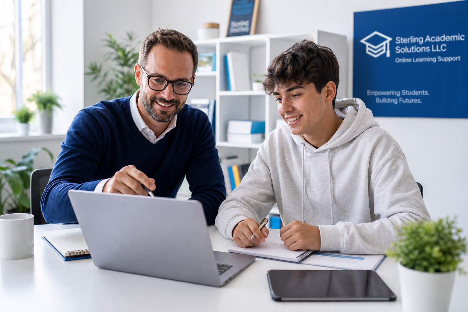 Professional academic consultant working online with a student on a laptop, bright modern study environment