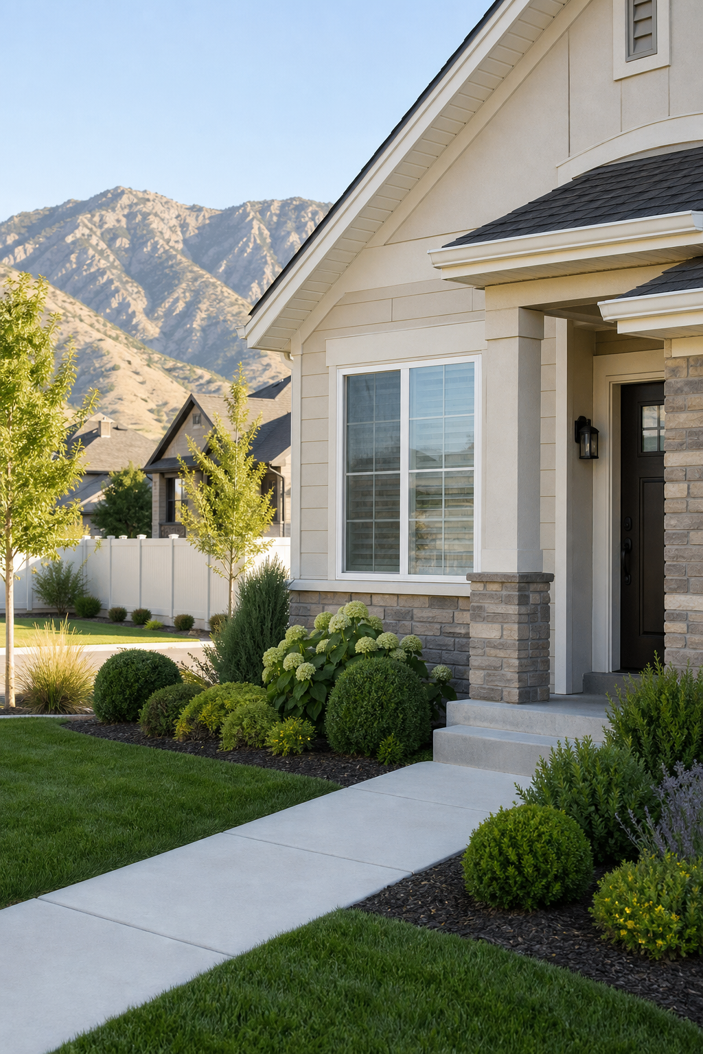 Clean suburban home exterior with manicured landscaping and a tidy entryway, representing a safe, pest-free residential property