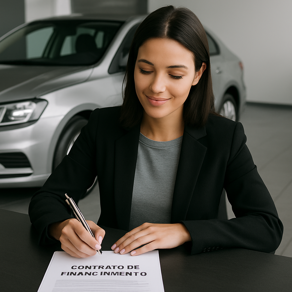 Pessoa assinando contrato de financiamento automotivo com carro ao fundo