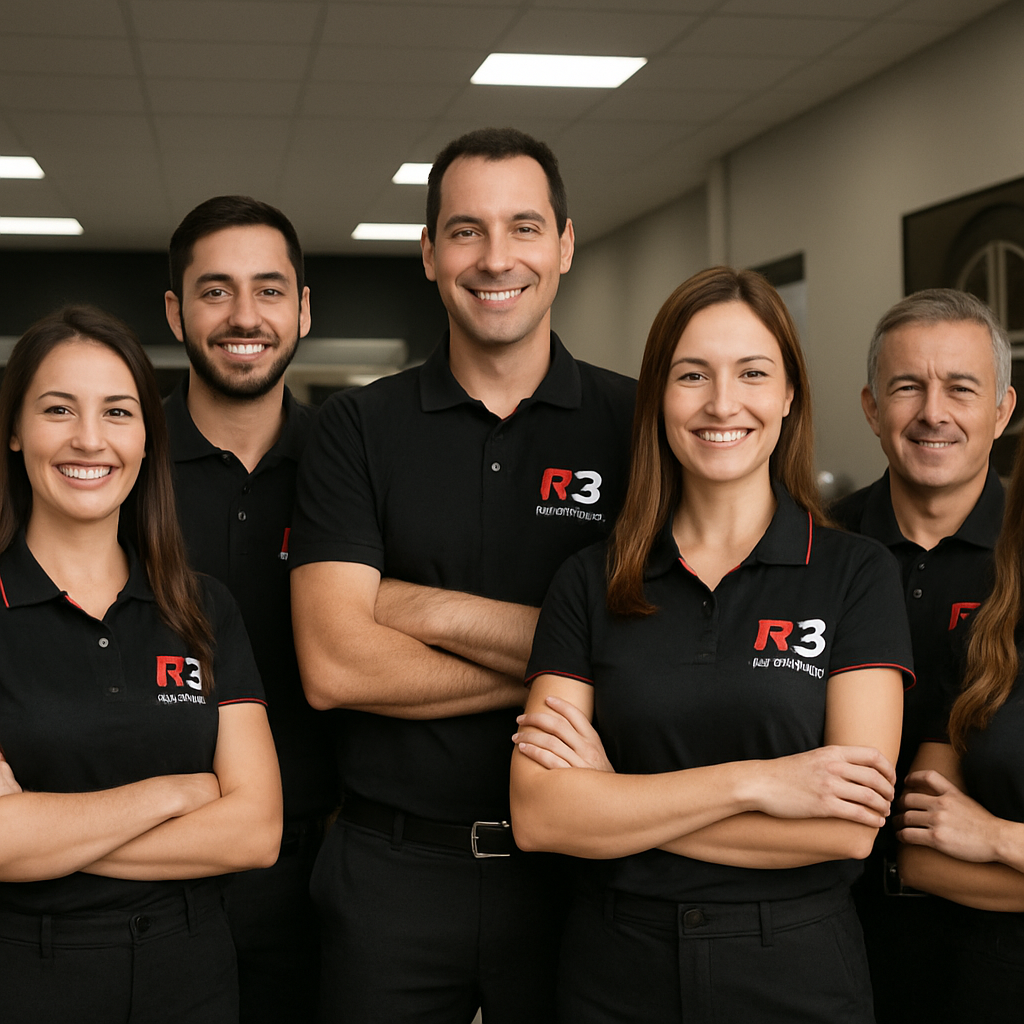 Equipe de vendas da R3 Multimarcas reunida sorrindo