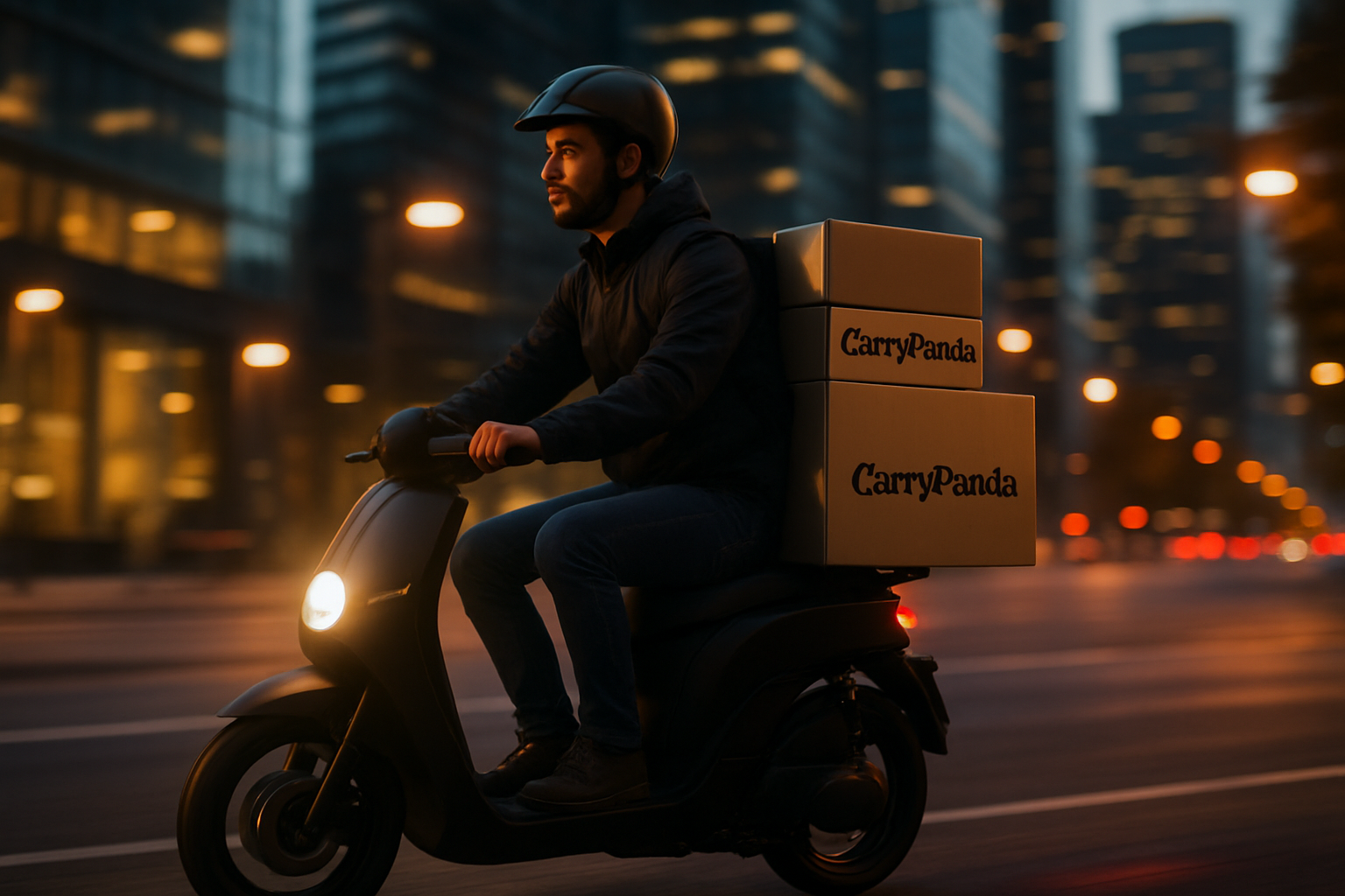 Express courier rider on an electric scooter carrying branded parcel boxes through a modern city at dusk