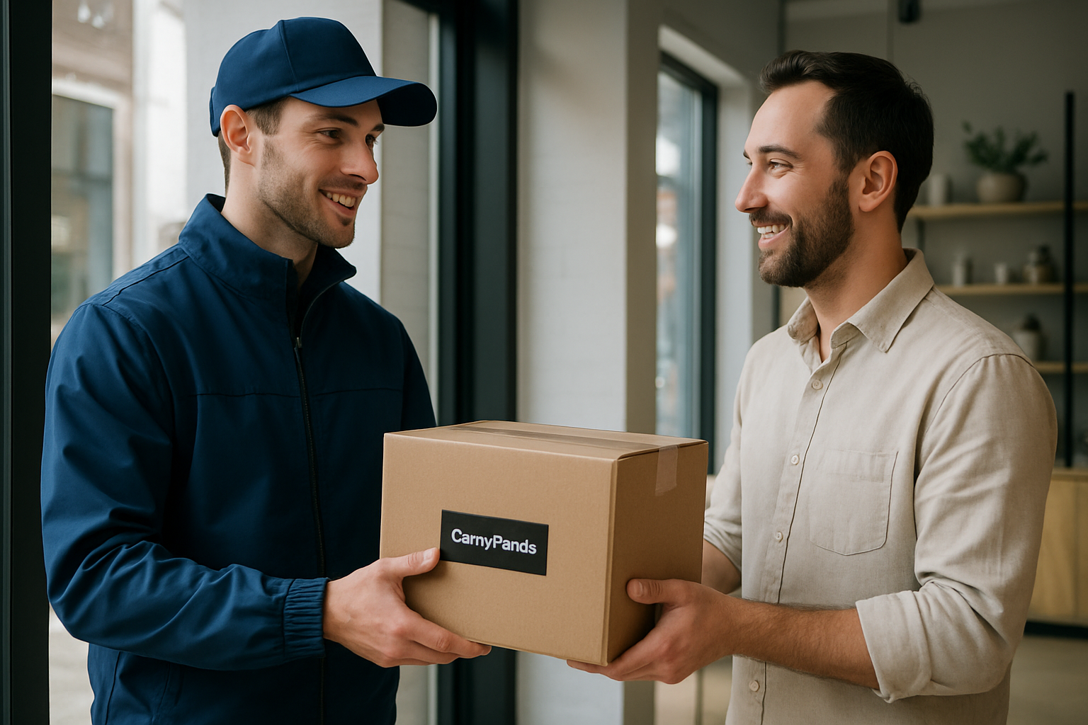 Uniformed courier handing a branded parcel to a small business owner inside a modern storefront