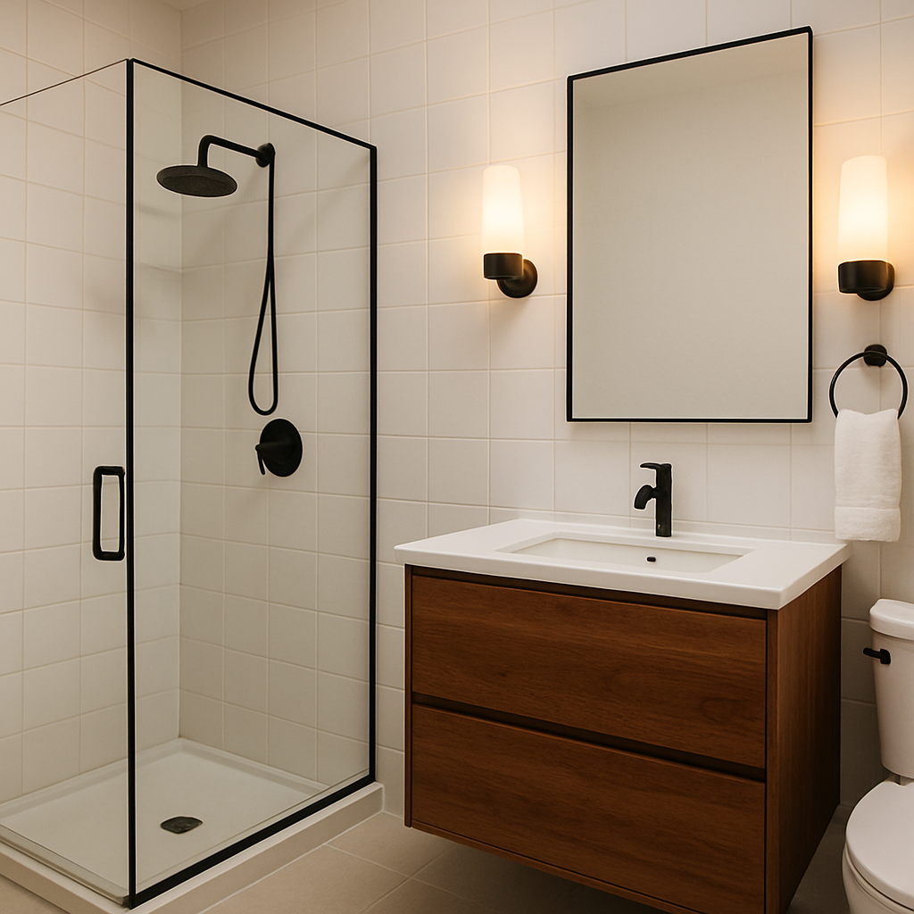 Modern bathroom refresh with matte black fixtures, white tile walls, and a walnut vanity