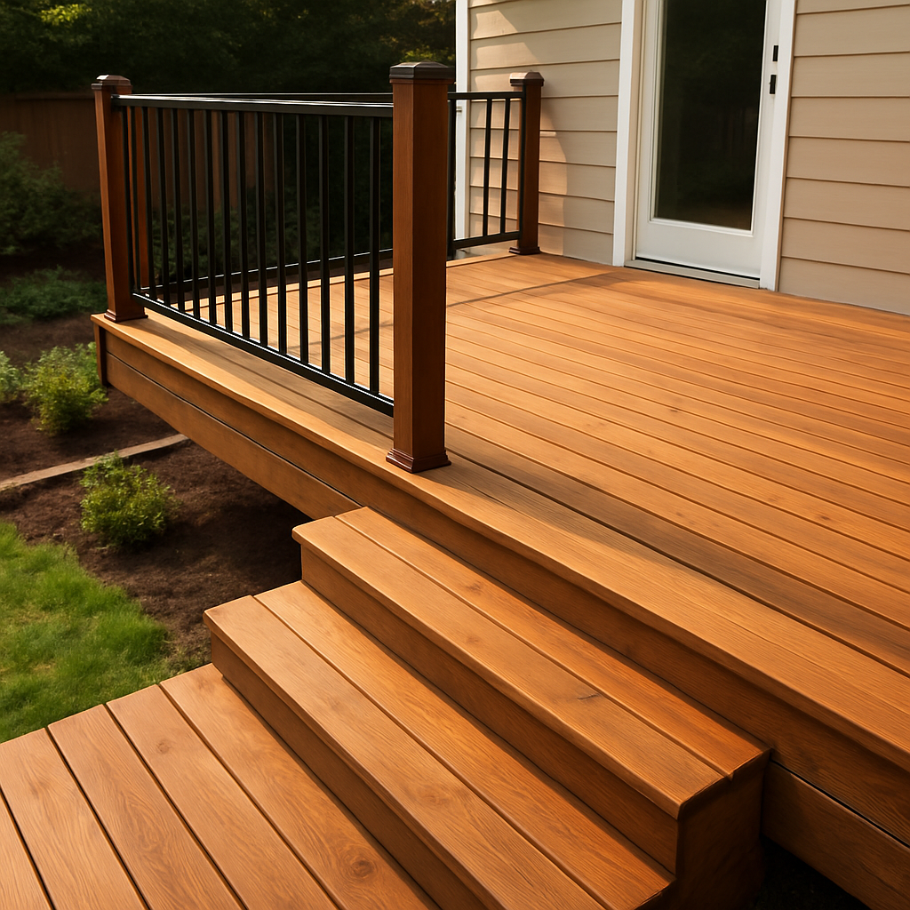 Backyard deck rebuild with warm cedar boards and matte black railing