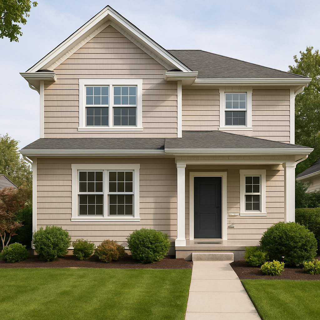 Two-story home exterior with fresh neutral siding, white trim, and clean landscaping
