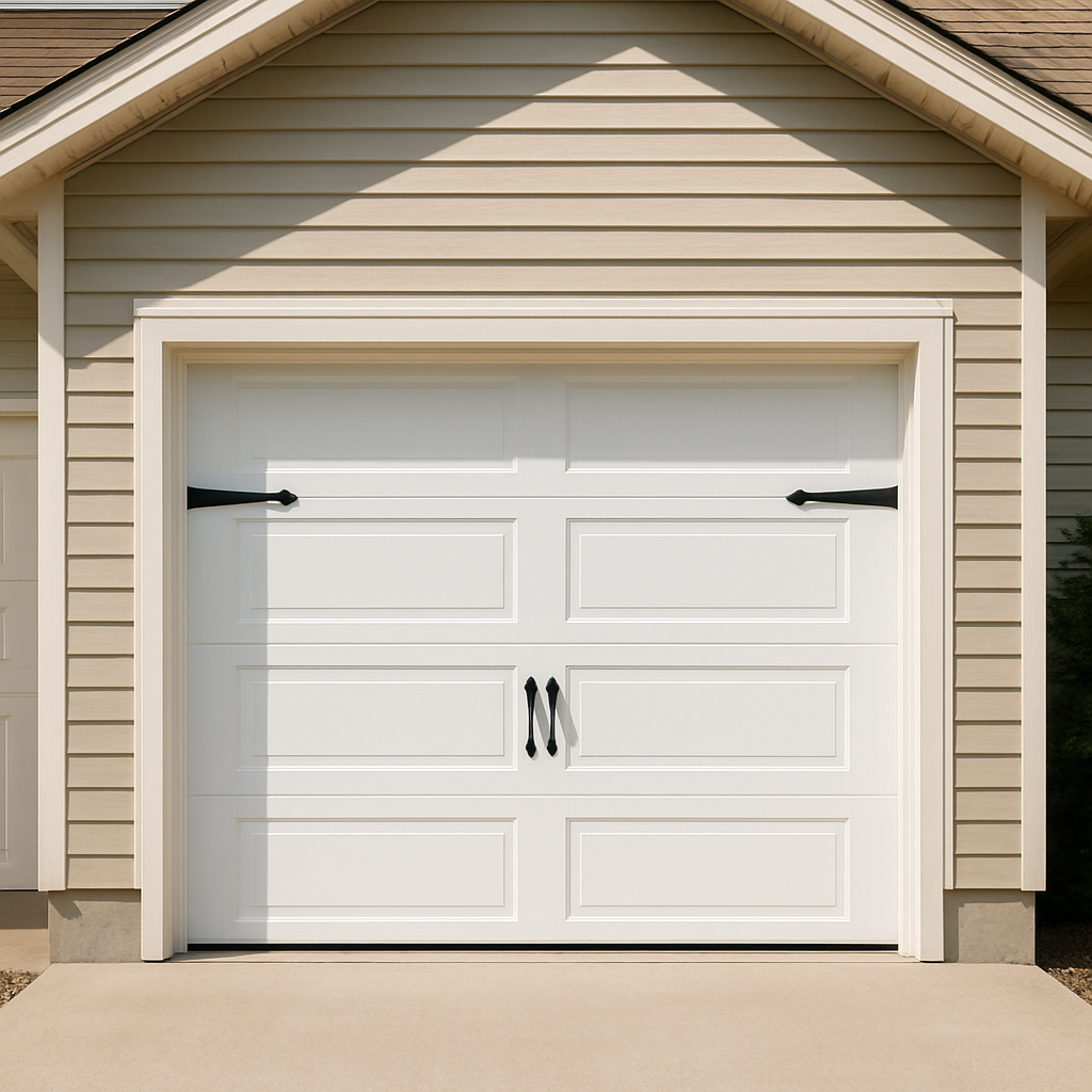 Single-car garage door repair with a new insulated panel and black hardware in a clean driveway