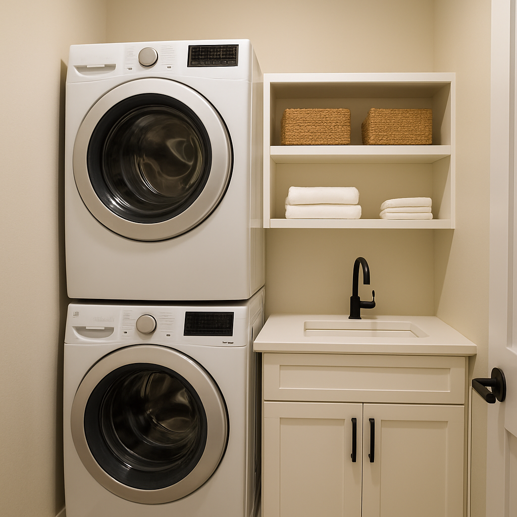Compact laundry room buildout with stacked washer dryer, open shelving, and matte black fixtures