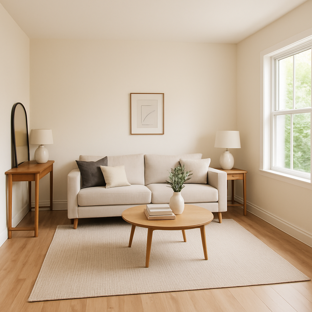 Bright living room with newly painted warm white walls, hardwood floors, and minimal staging