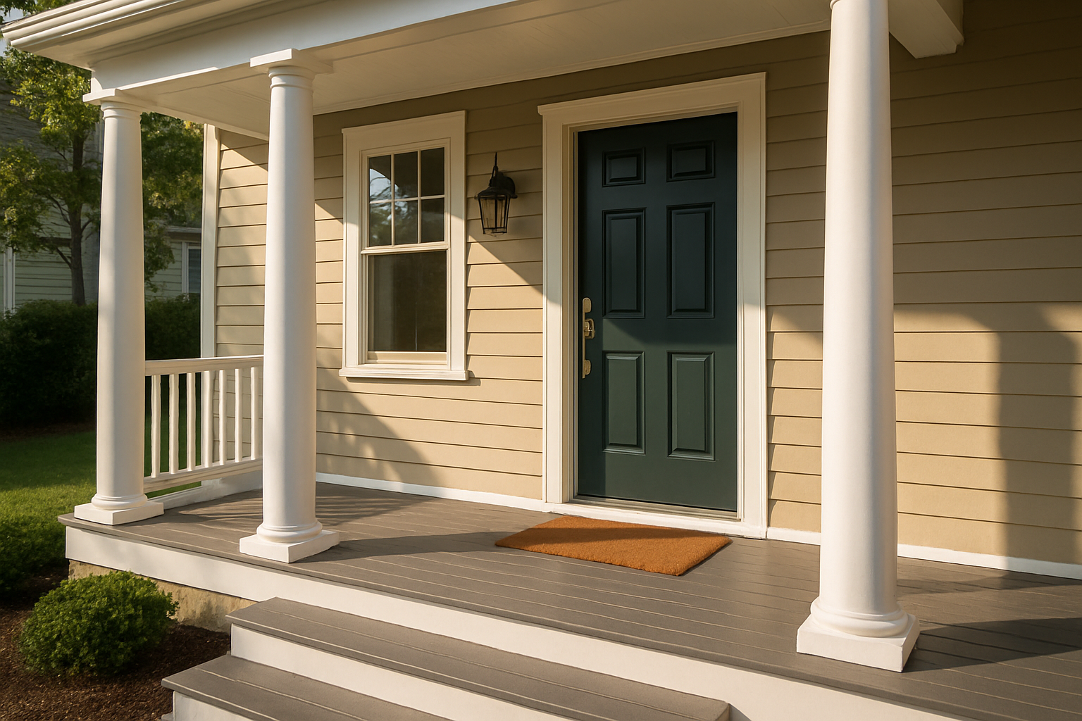 Front porch renovation with fresh painted columns, new composite decking, and soft afternoon light