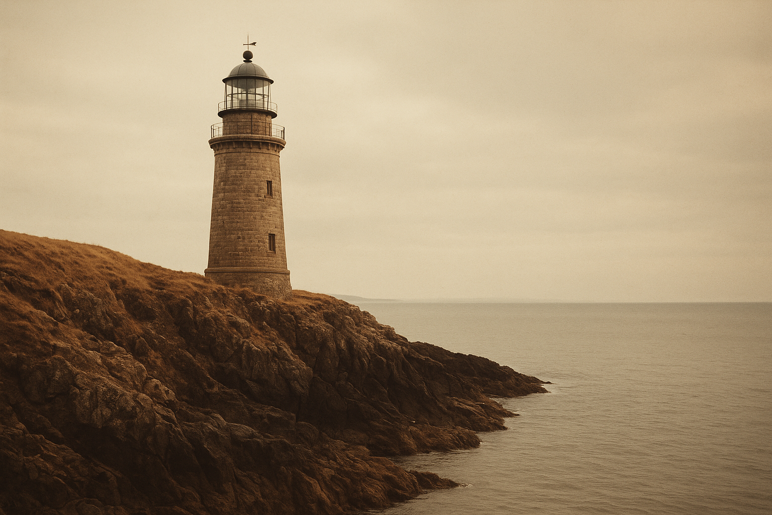 Historic lighthouse on the northern coast above dark rocks and calm sea under soft overcast weathered light