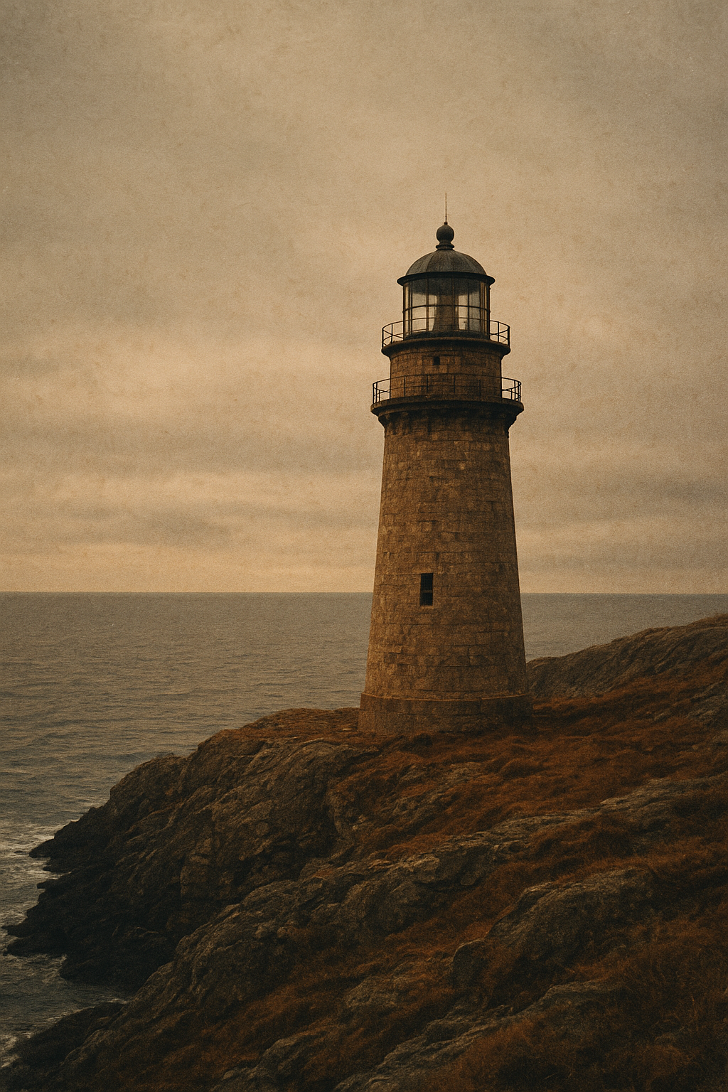 Archival photograph of a weathered stone lighthouse on a northern cliff at dusk with grainy documentary texture