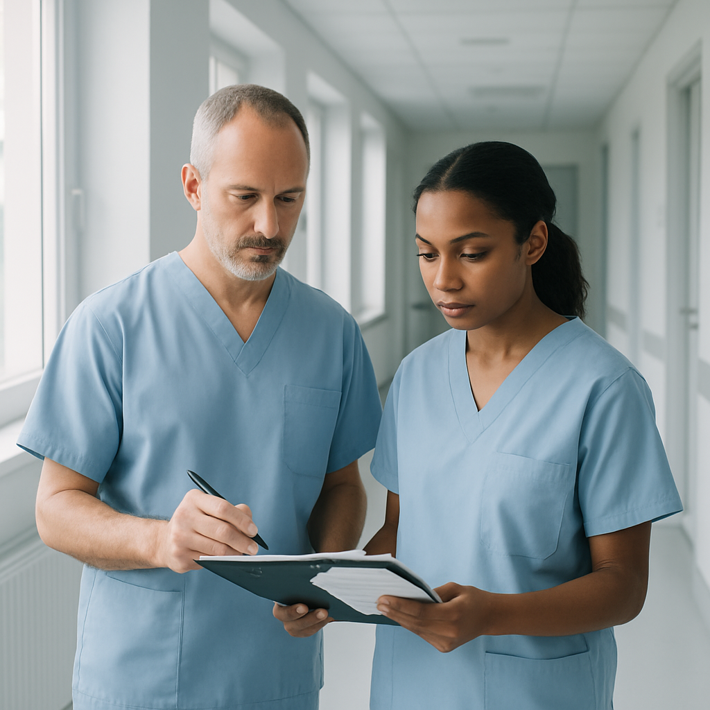 Two clinicians in light blue scrubs discussing a patient chart in a quiet hospital corridor, soft daylight and professional calm