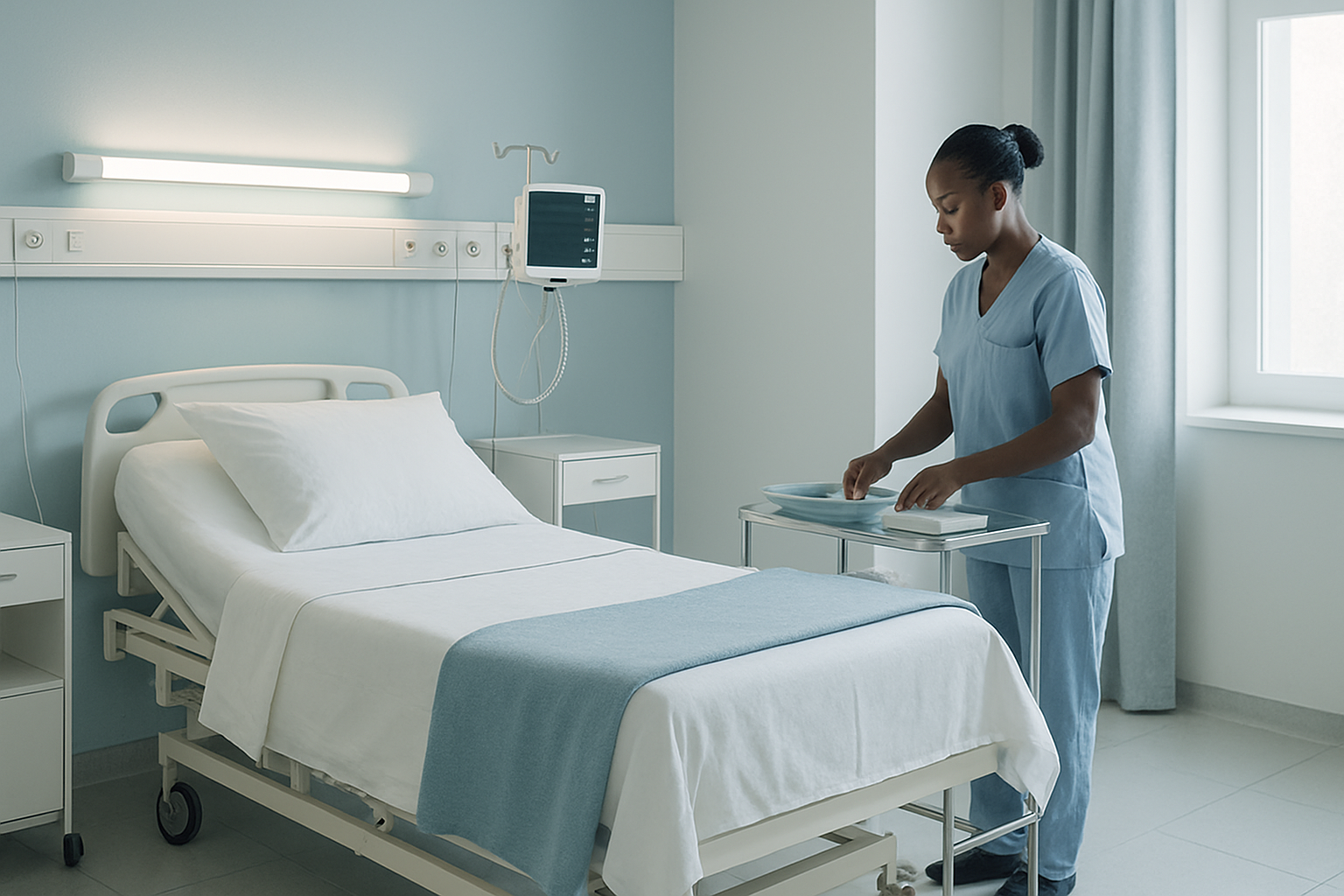 Bright, modern maternal ward with a calm clinical atmosphere, featuring Nordic-style lighting, clean linens, and a midwife preparing equipment