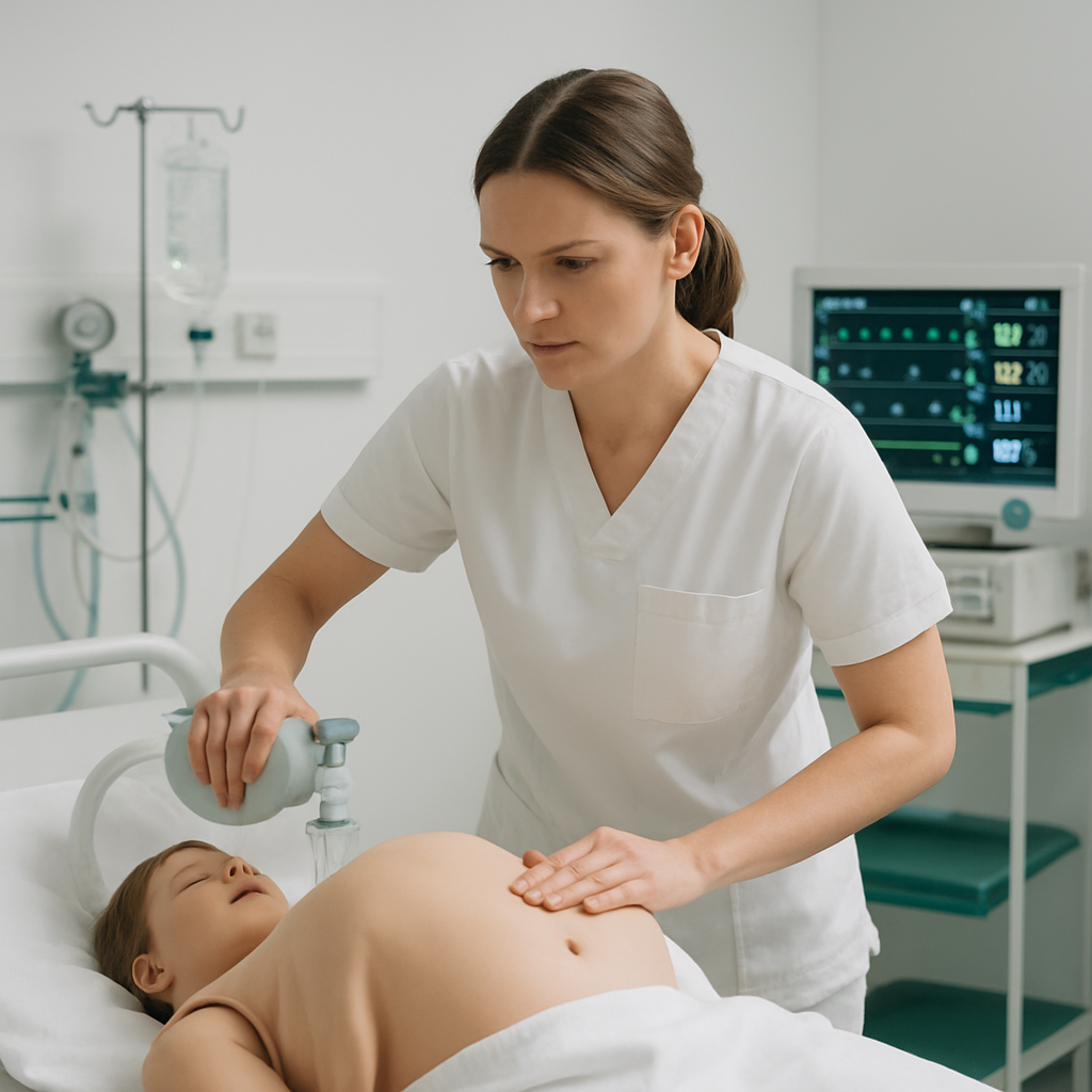 Clinical training session with a simulation mannequin and a focused nurse demonstrating emergency readiness in a clean skills lab