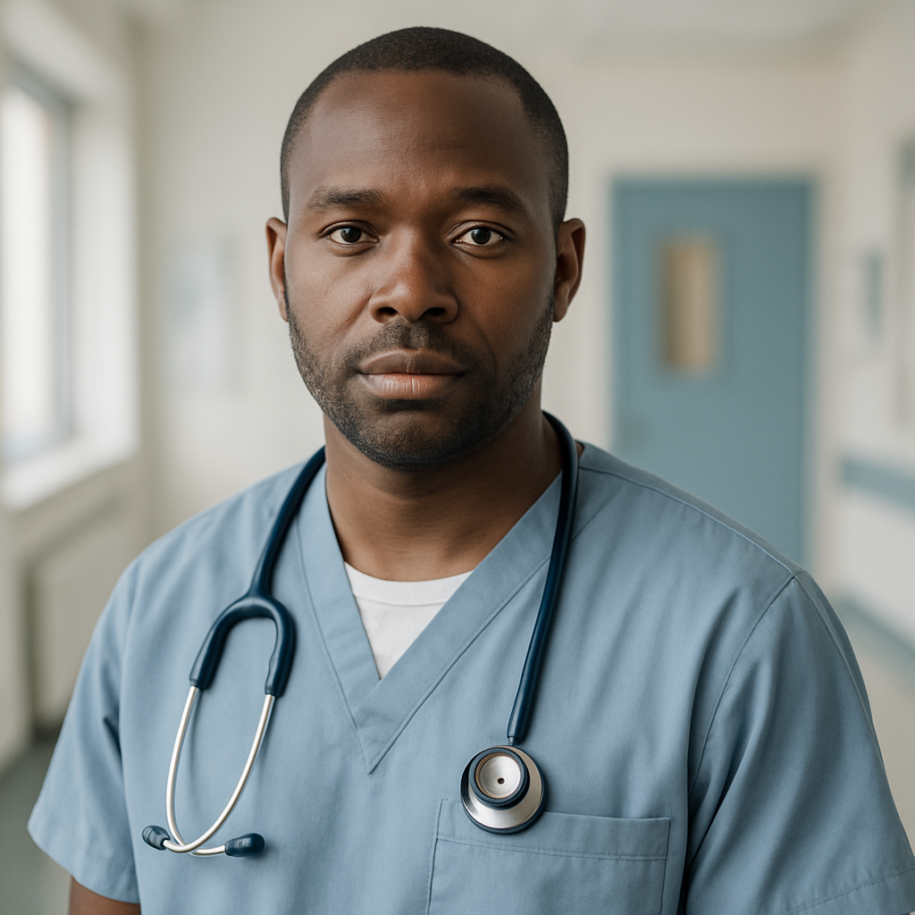 Documentary-style portrait of the Danish-Nigerian founder in a calm clinical setting