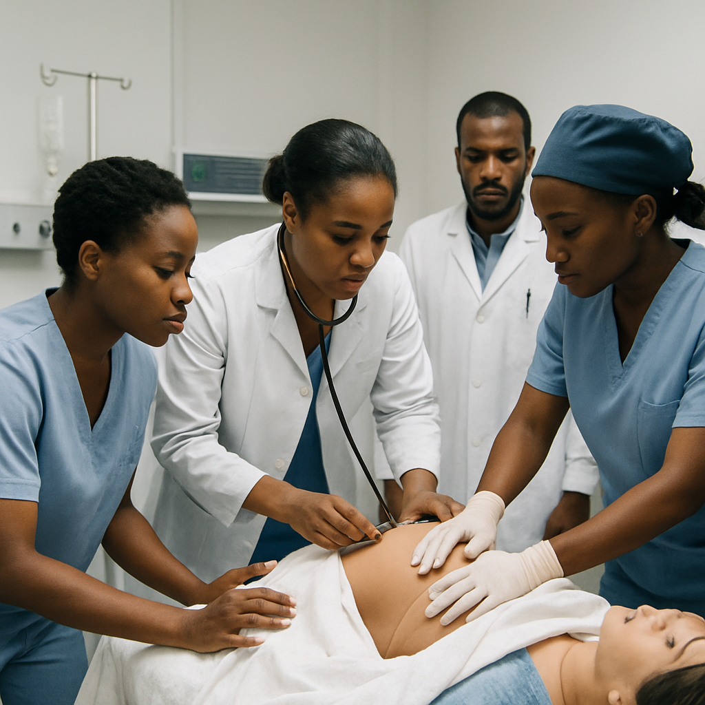 Clinical simulation drill with nurses practicing maternal emergency response in a bright training room