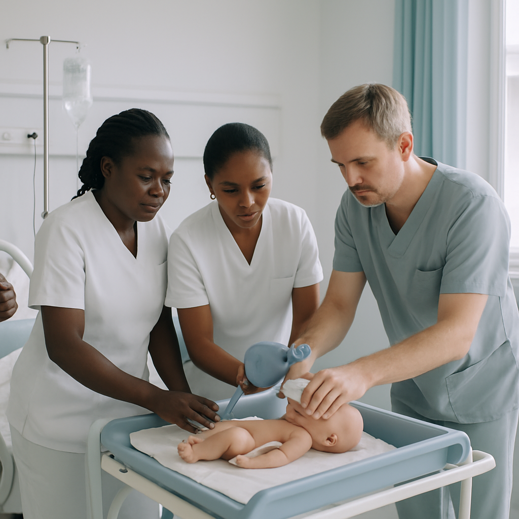 Documentary-style clinical photo of Scandinavian and African hospital clinicians running a maternal safety simulation in a bright, calm hospital room