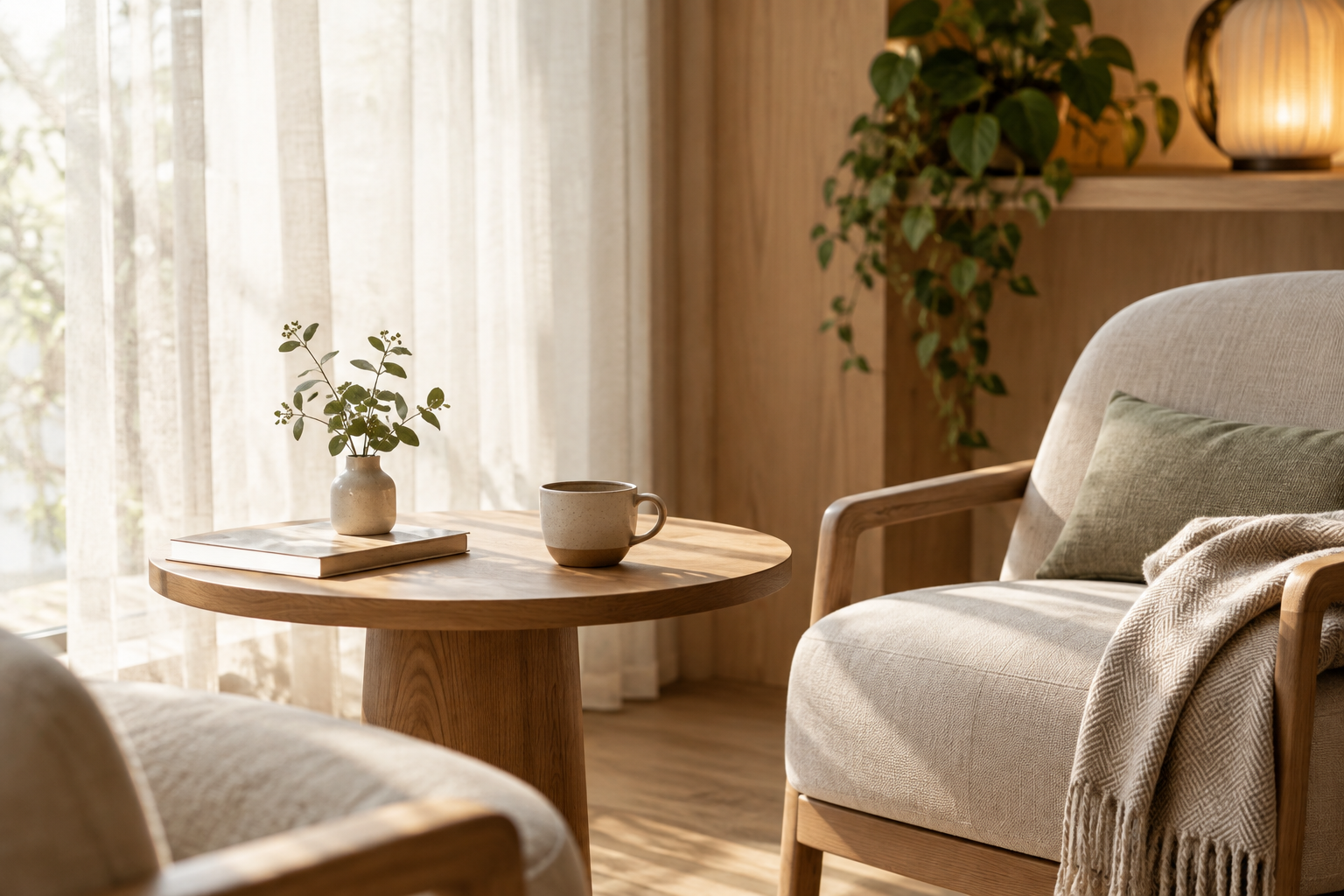 Calm interior nook with soft daylight, wooden table, ceramic cup, linen textures, and a cozy chair