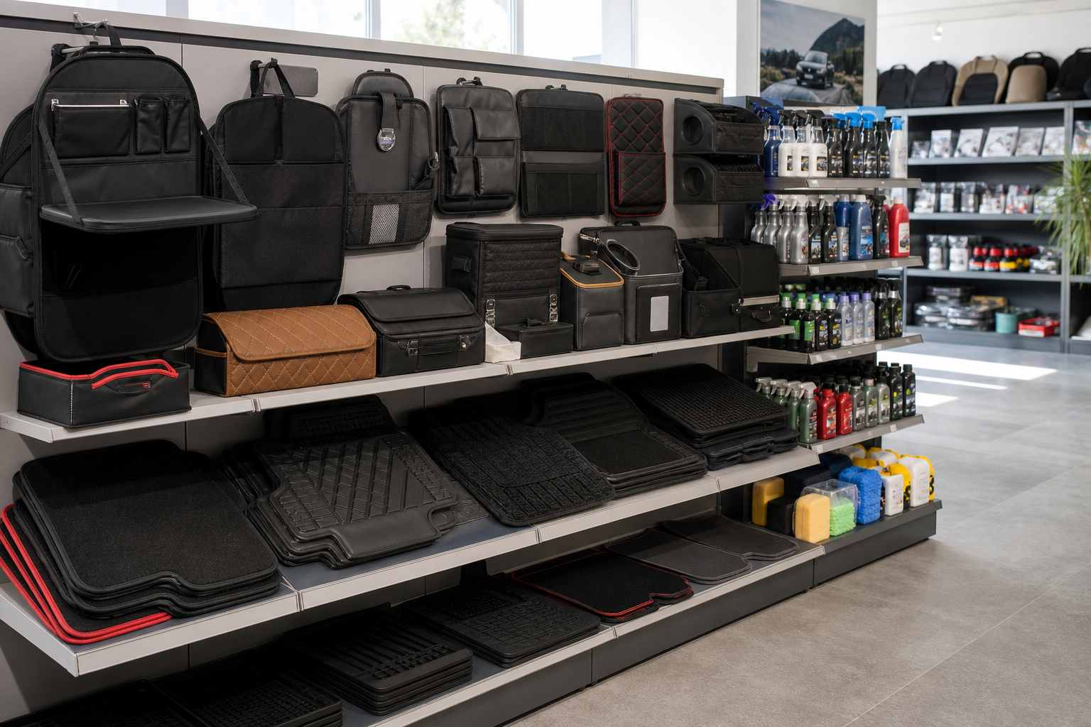 Professional showroom display of car interior accessories, organizers, and cleaning products