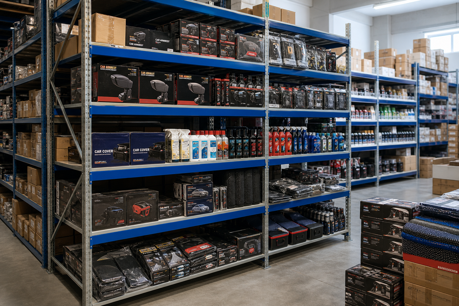 Warehouse racks with boxed car accessories and auto care products ready for bulk distribution
