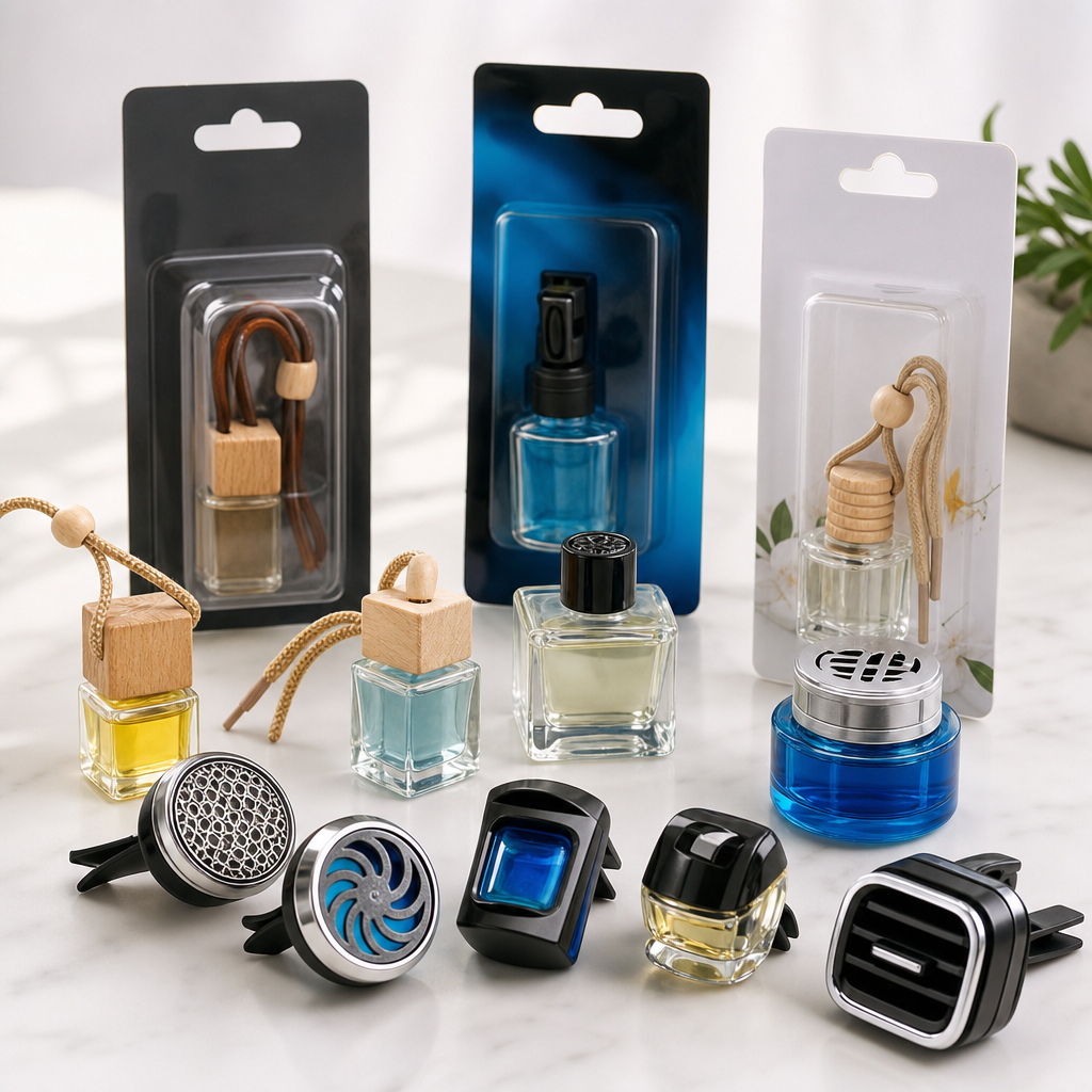 Car air fresheners and fragrance diffusers in assorted bottle styles