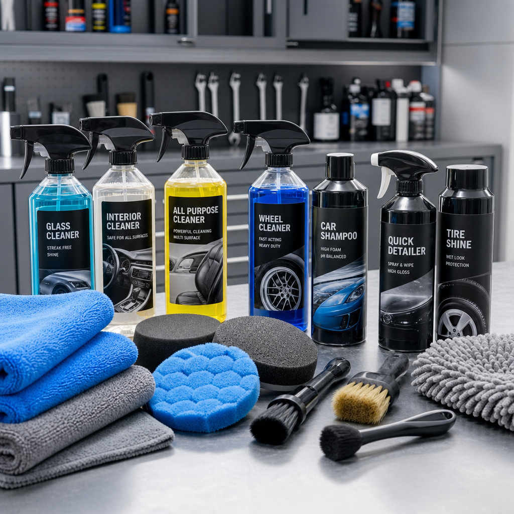 Real auto care products including spray bottles, microfiber towels, polishing pads, and detailing brushes on a workshop bench