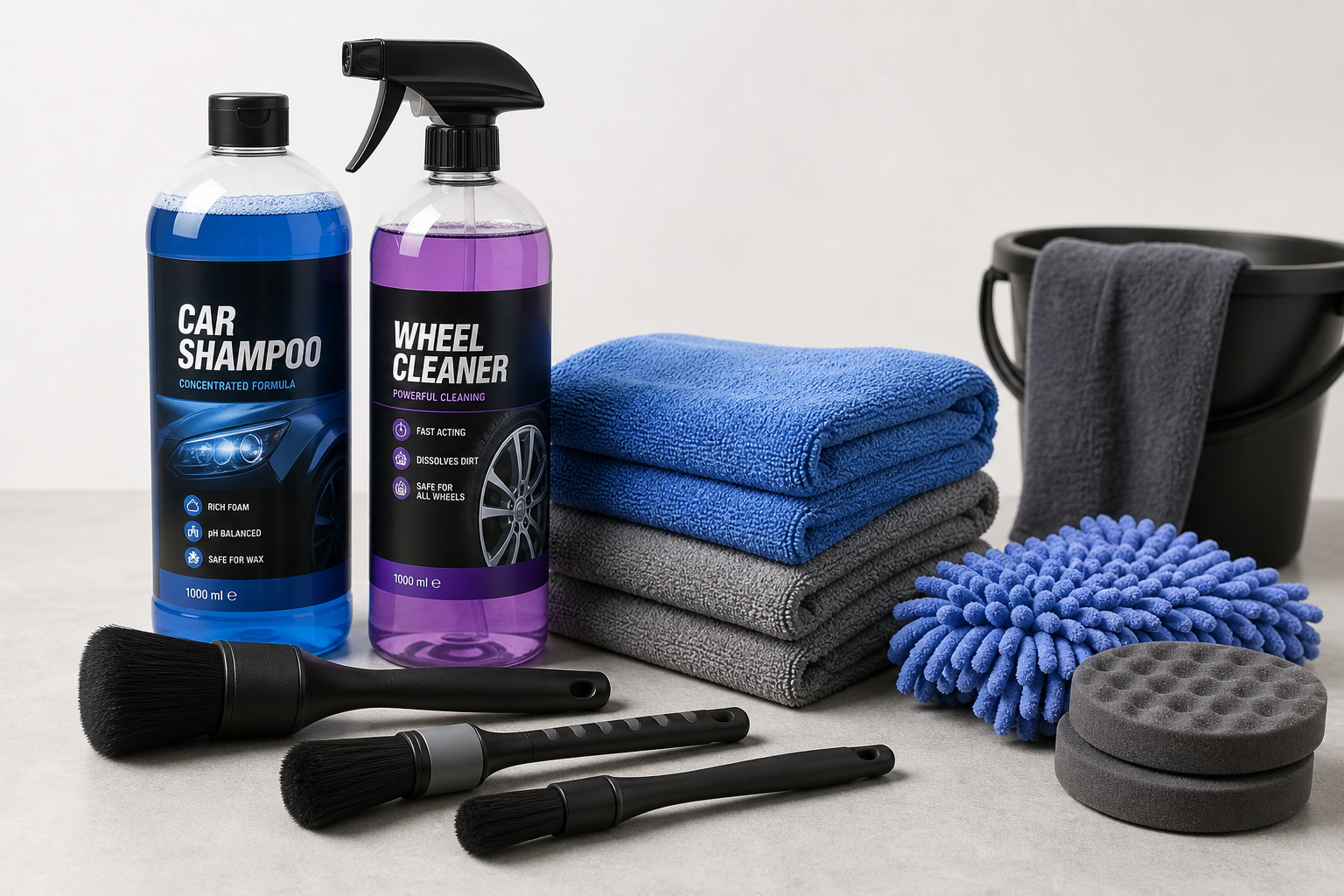 Professional auto care and cleaning supplies including bottles of car shampoo, microfiber towels, and detailing brushes on a neutral backdrop