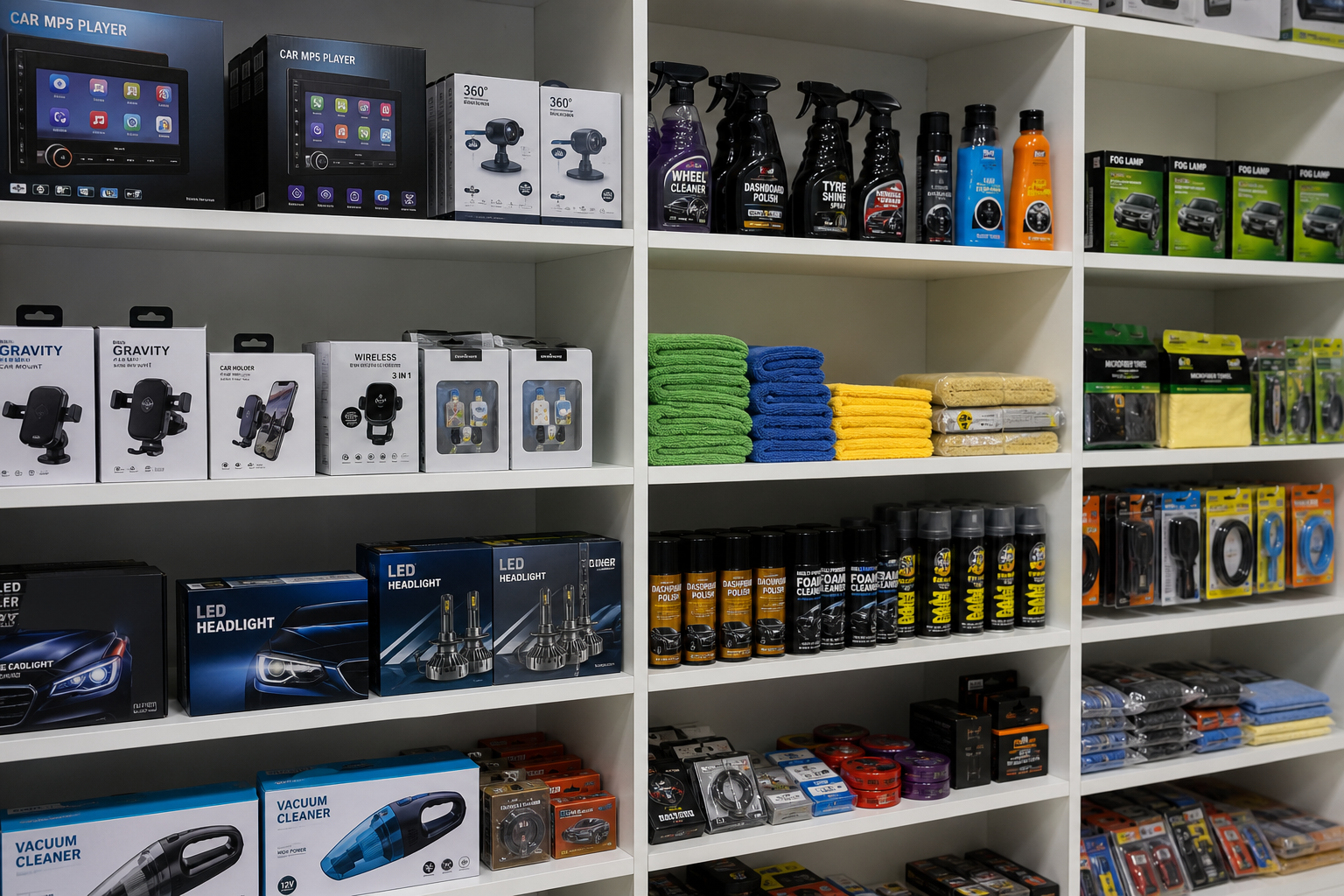 Professional photo of organized auto care supplies, car accessories, and boxed electronic car gadgets arranged on clean warehouse shelves