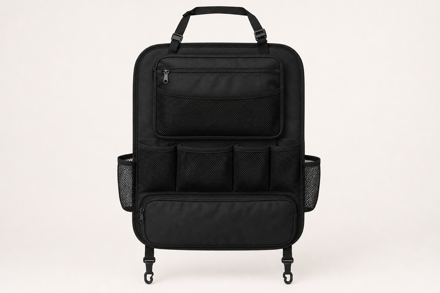 Black backseat multi-pocket storage hanging bag with adjustable straps and mesh pouches