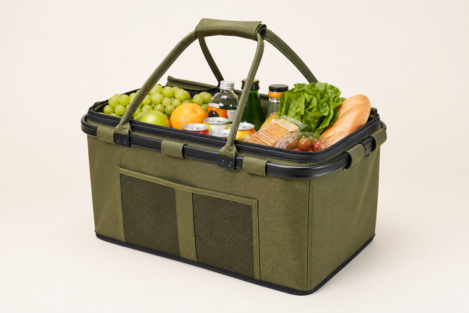 Foldable outdoor camping food storage basket for vehicles in olive fabric