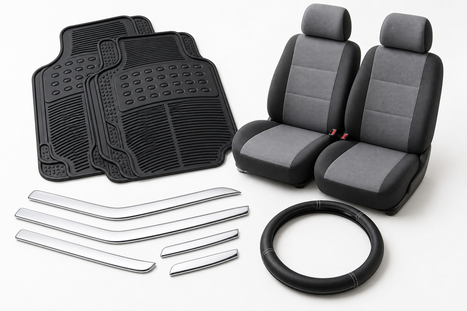 Assorted car interior and exterior accessories including seat covers, floor mats, and chrome trim pieces arranged on a clean studio surface
