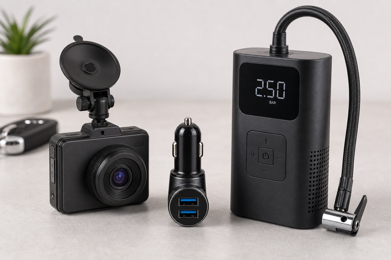 Compact car electronic gadgets such as dash cameras, USB chargers, and tire inflator devices arranged on a clean table