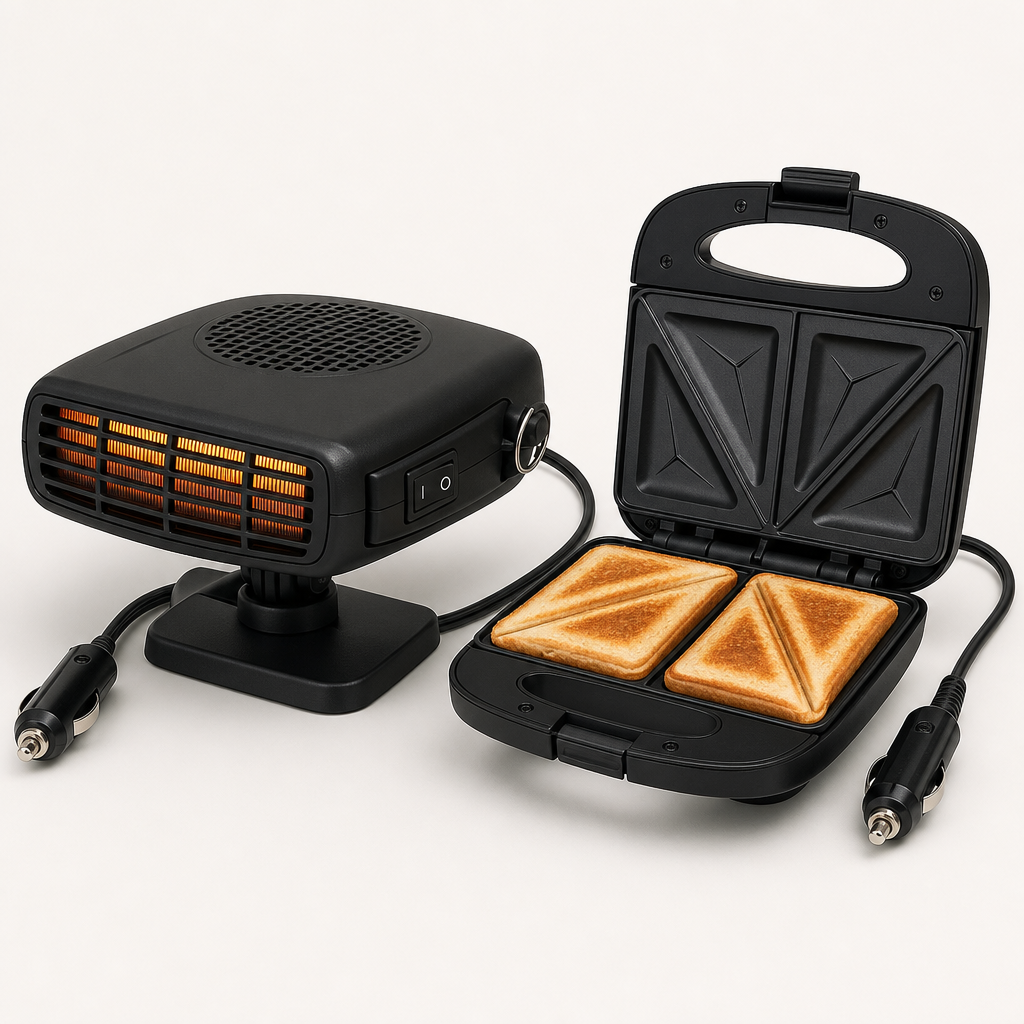 Two compact 12V car heating appliances: a mini window defroster heater and a small toaster