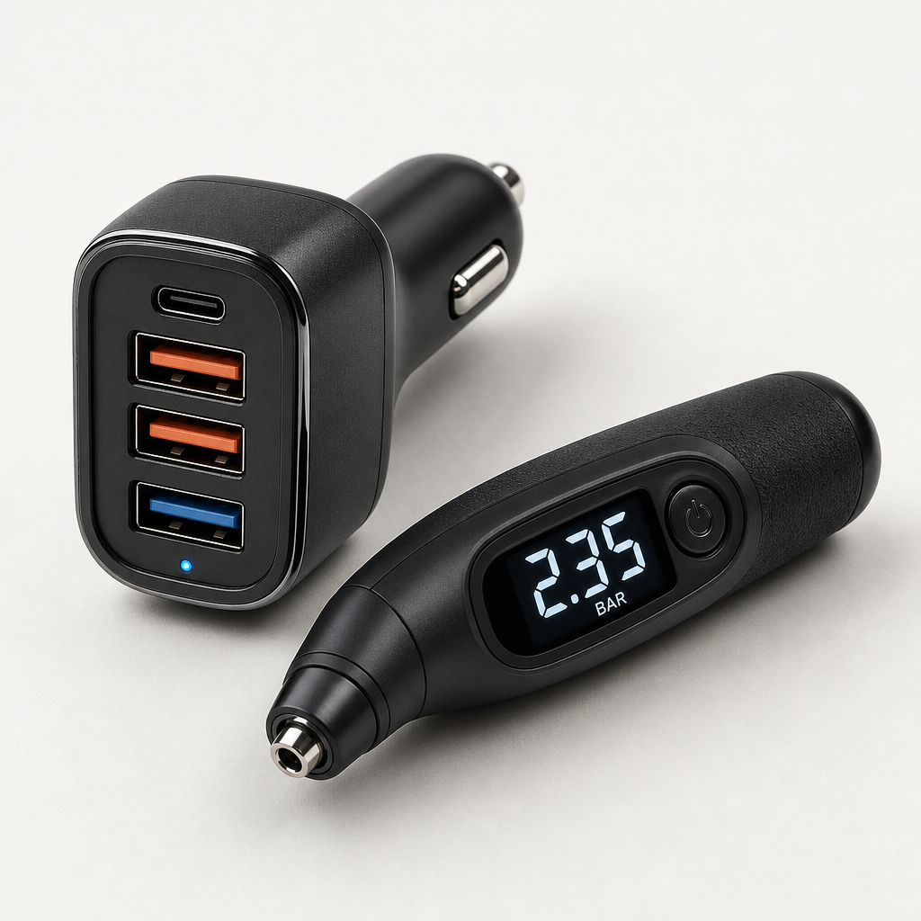Car power accessories set with a multi-port USB adapter and a digital tire pressure gauge