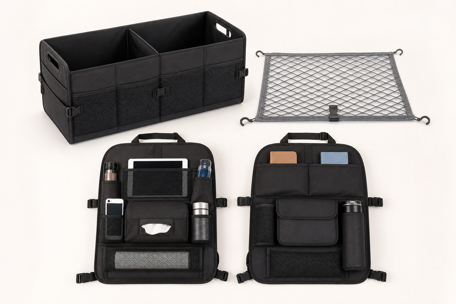 Vehicle storage organizers including trunk boxes, foldable bins, and seat-back pockets displayed in a tidy product layout