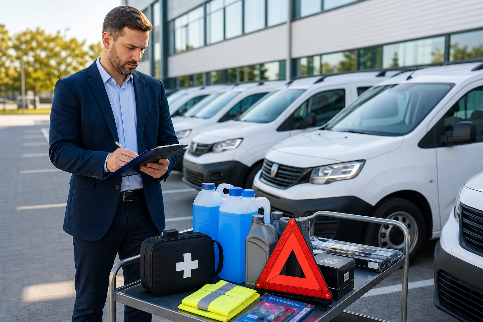 Fleet manager reviewing vehicle supplies beside company cars in a parking area