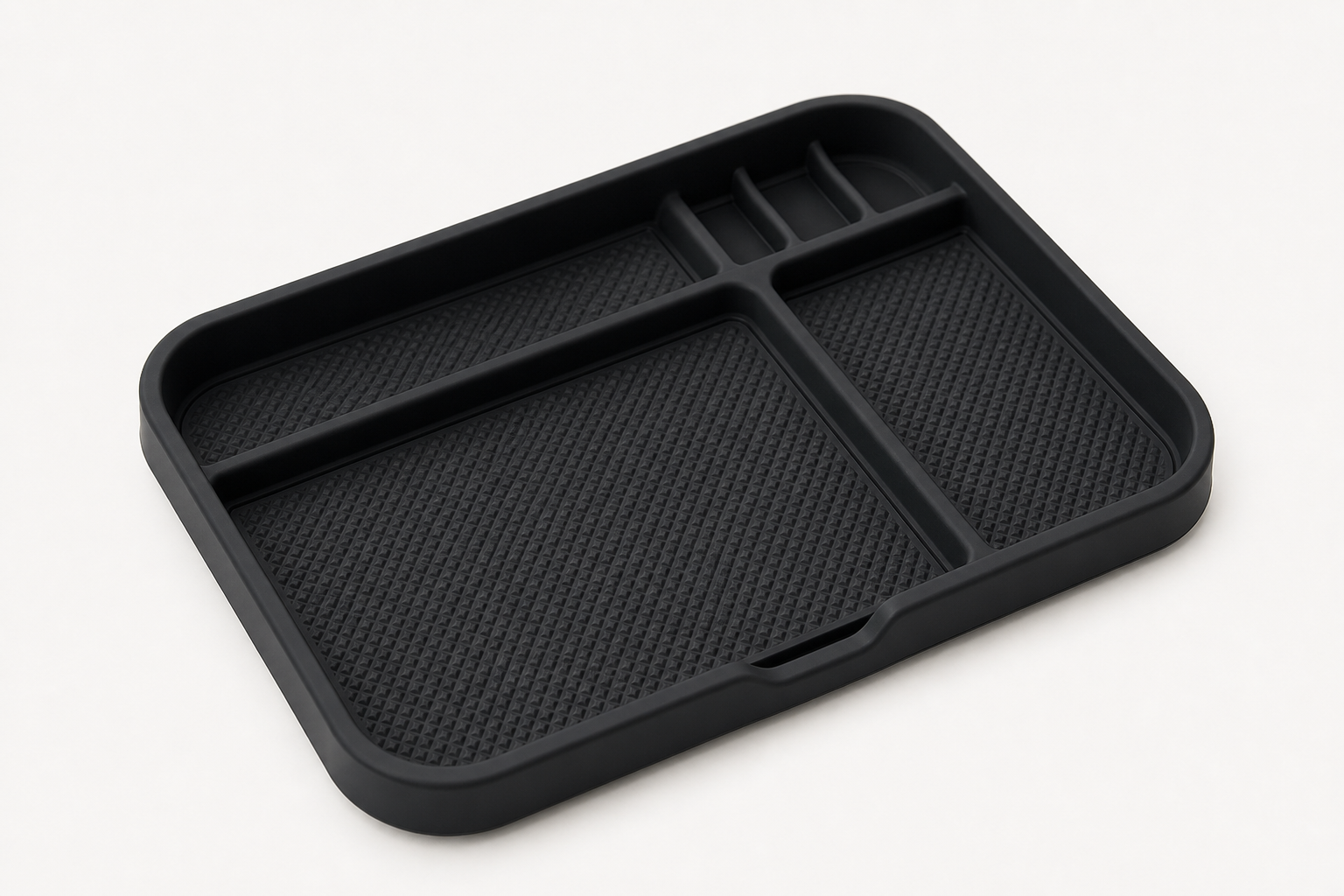 Dashboard small item storage tray in matte black silicone with anti-slip texture