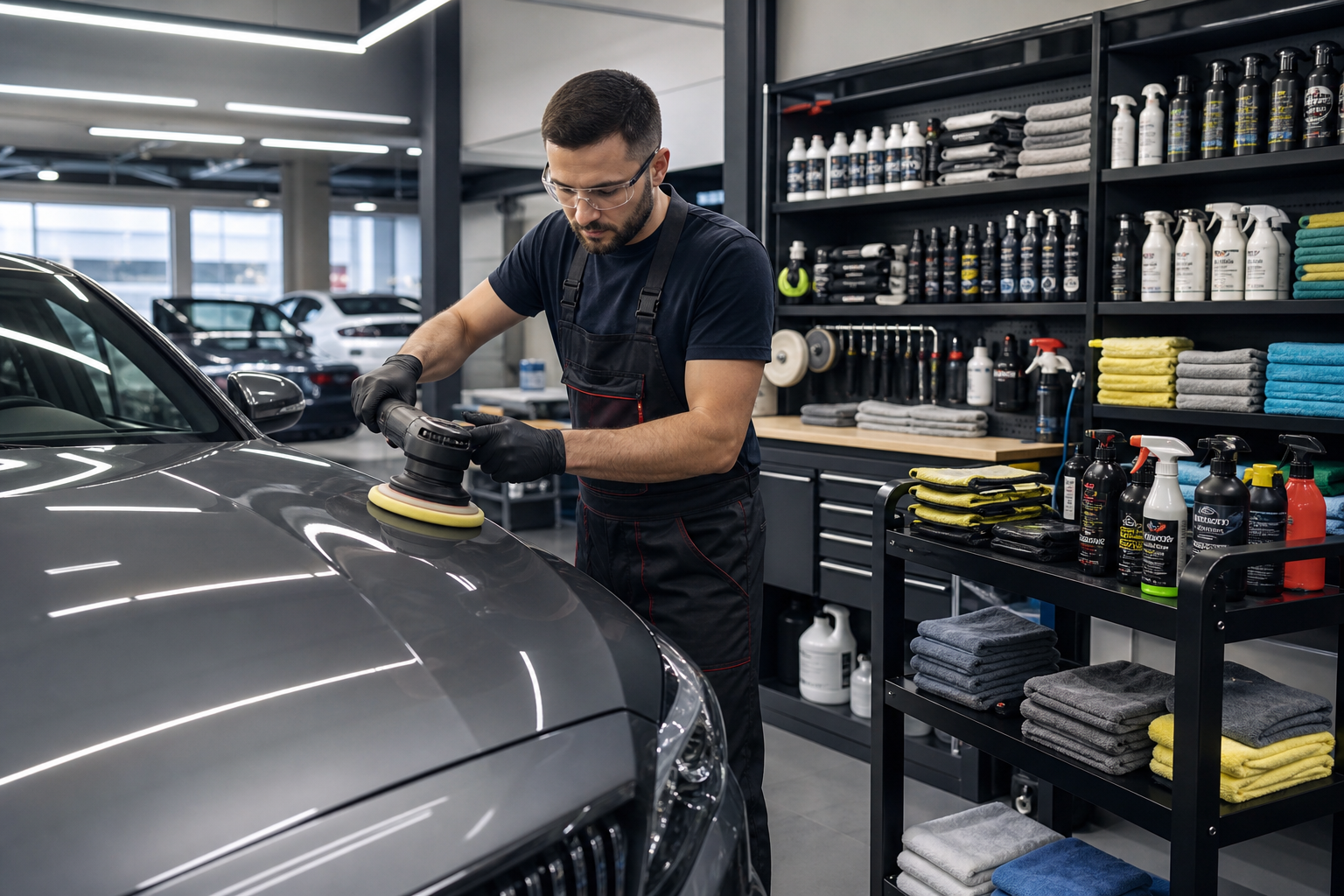 Auto detailing specialist polishing a car in a dealership service bay with organized cleaning products