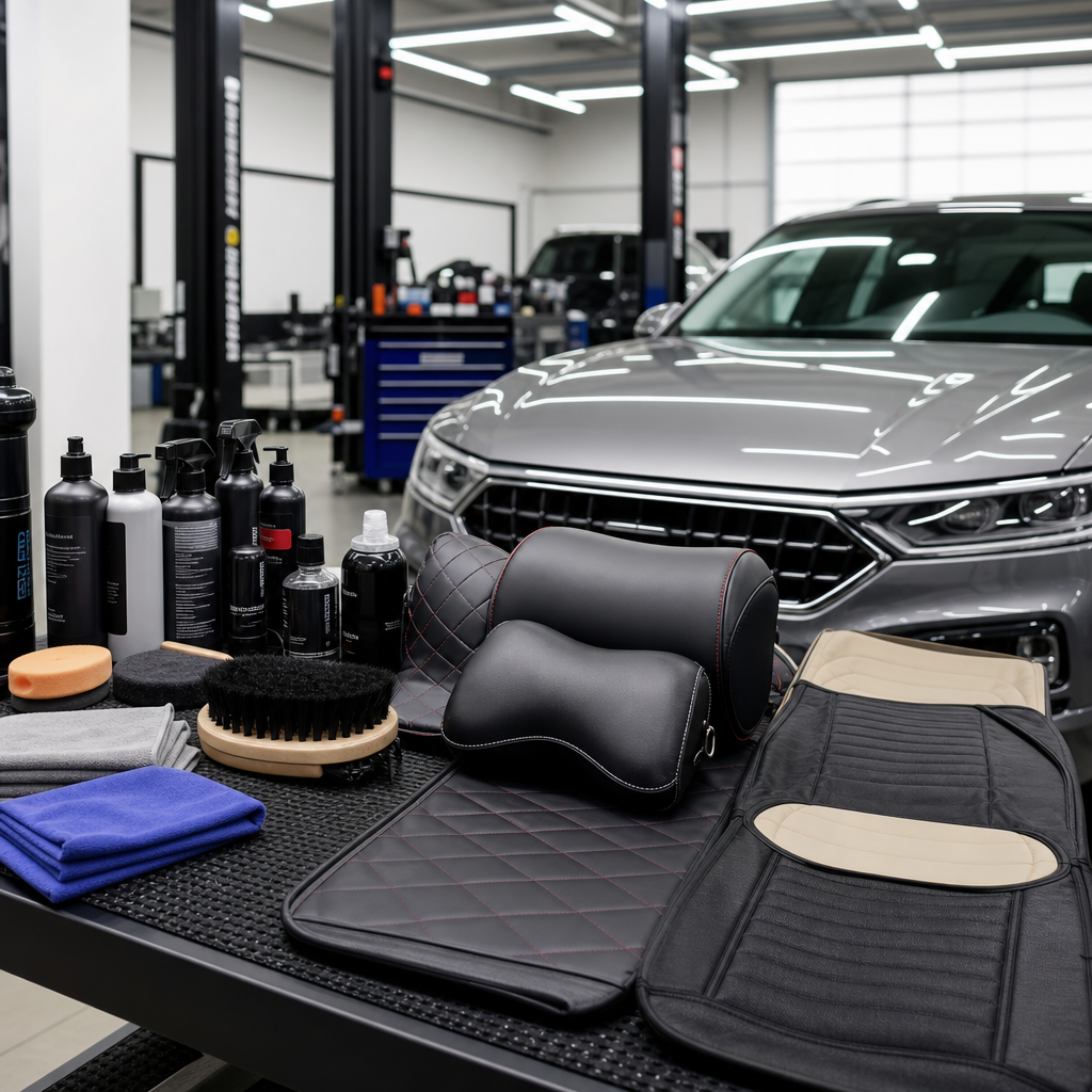 Car dealership service bay with detailing products and accessories on a workbench