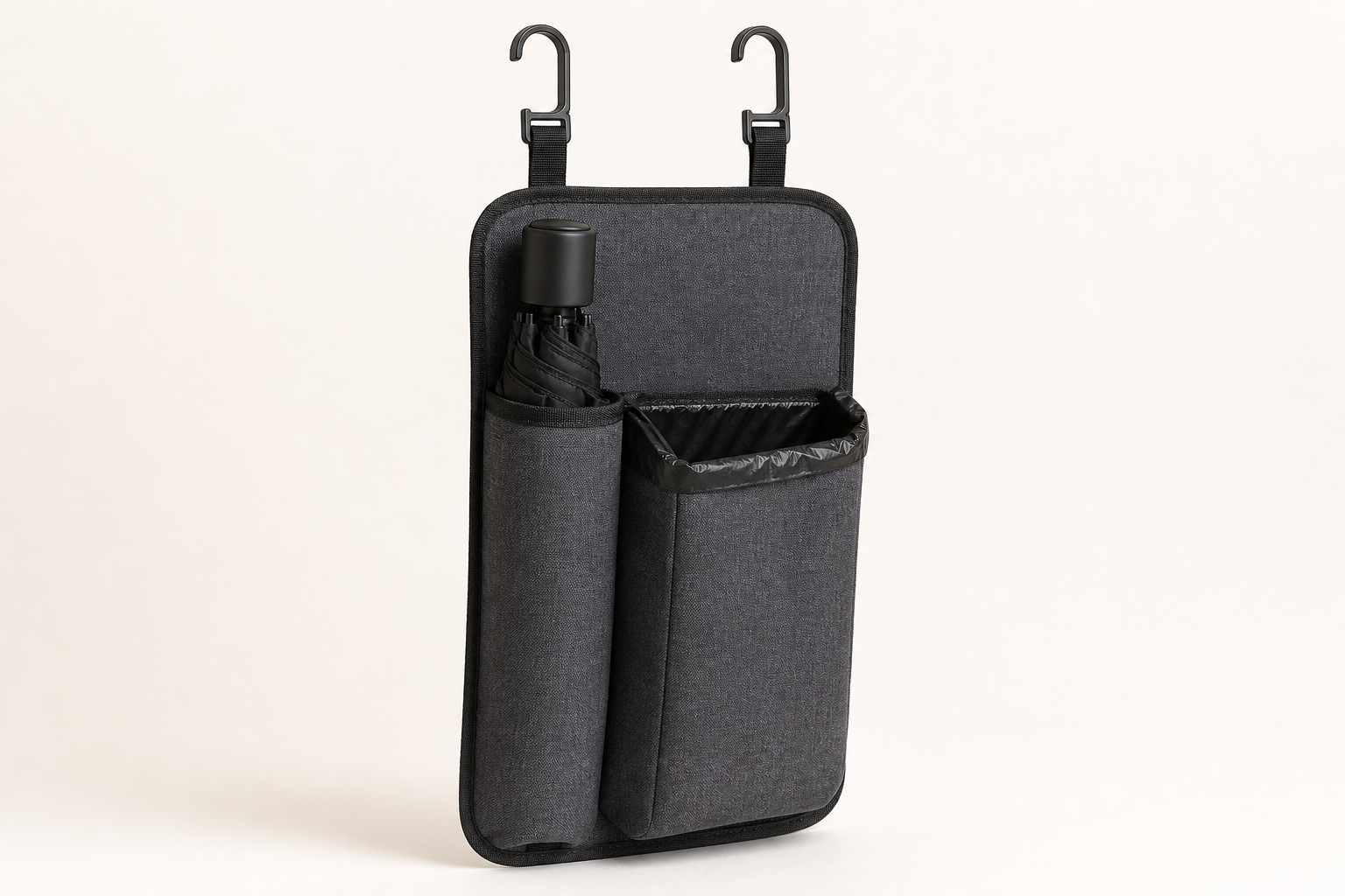 Car door umbrella and garbage storage holder in charcoal fabric