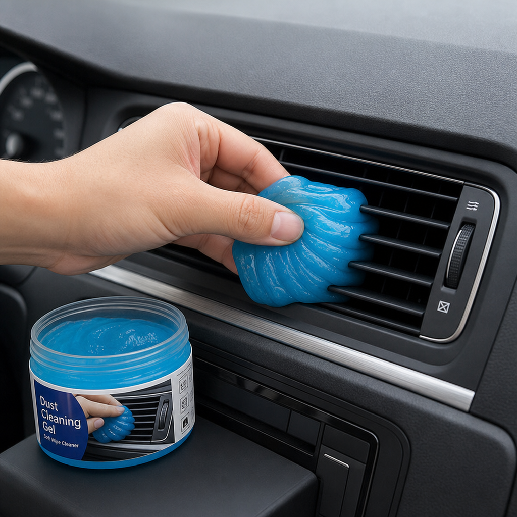 Jar of dust removal gel for car dashboards with hand using it on vents