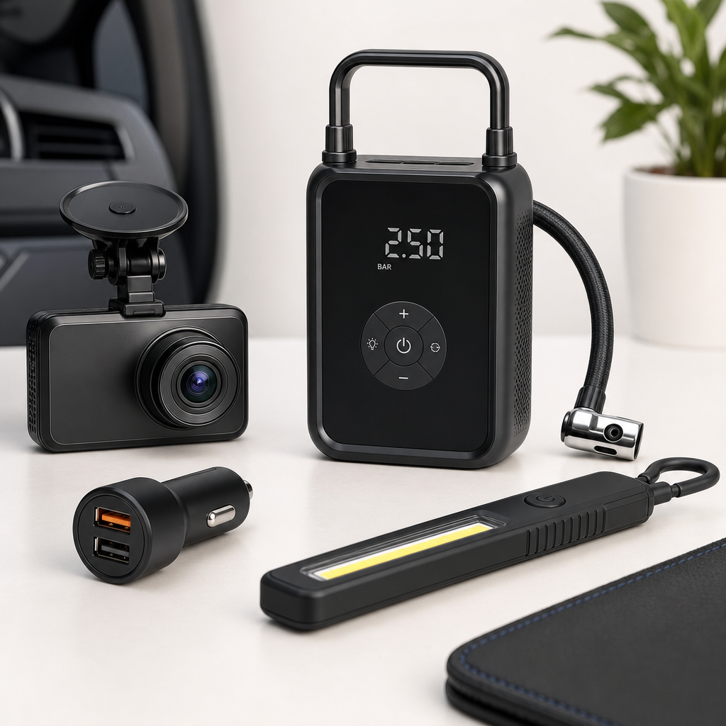 Small automotive electronic gadgets such as a dash camera, USB chargers, tire inflator, and LED light on a clean desk