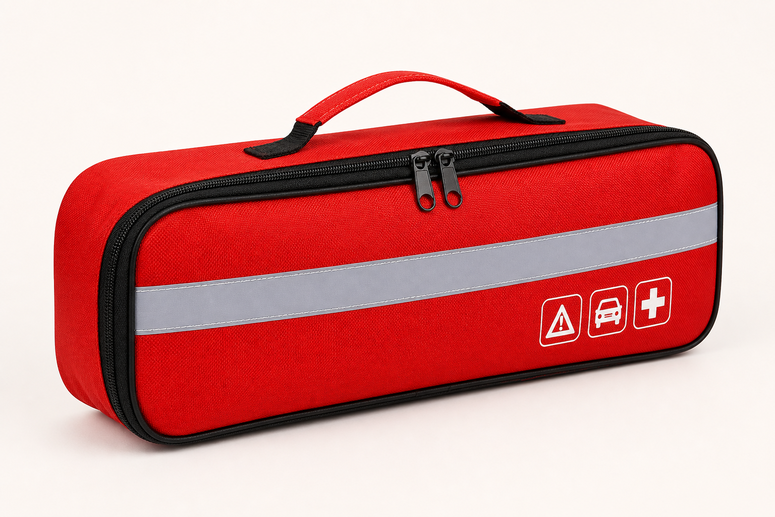 Red portable car emergency tool storage bag with reflective stripe and zipper