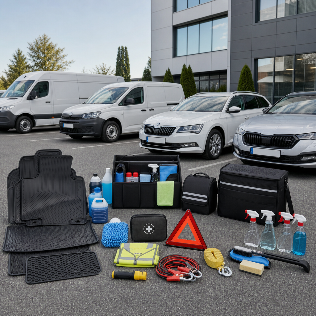 Corporate fleet vehicles parked with maintenance supplies laid out nearby