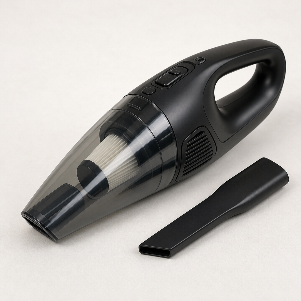 Handheld car vacuum cleaner with crevice tool and transparent dust chamber