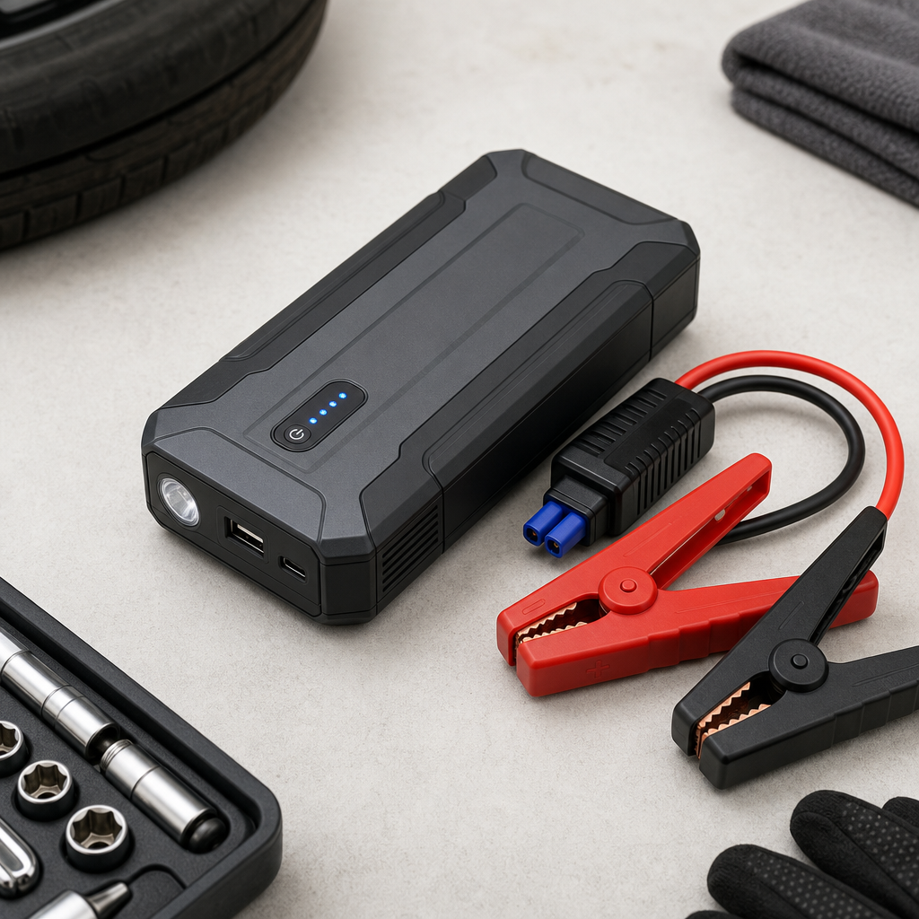 Portable car jump starter with cables and LED indicator