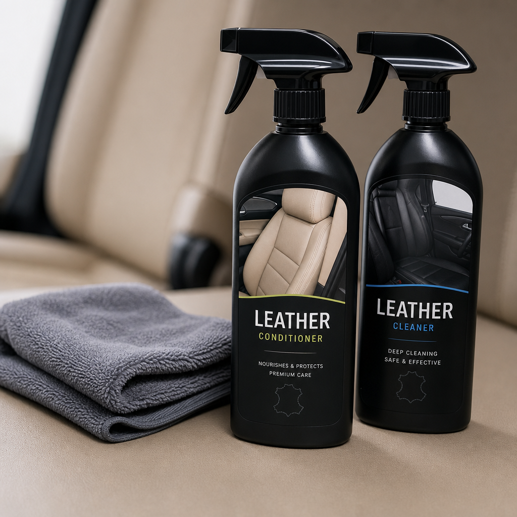 Interior leather conditioner and cleaner spray bottles with soft cloth