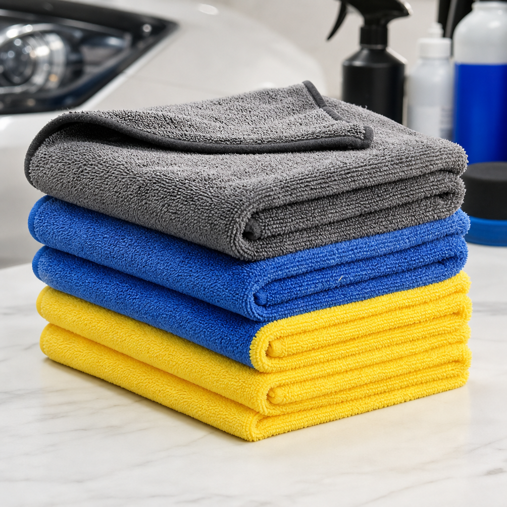 Stack of microfiber cleaning towels in gray, blue, and yellow
